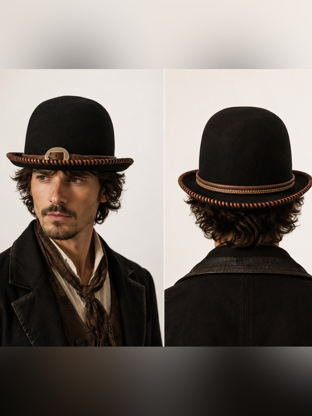 August Vintage Black 💯% Wool Western Steampunk Bowler Hat with Brown Trim unisex